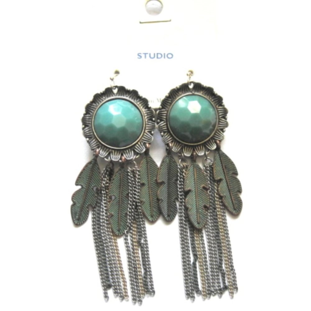Turquoise Feather Chain Boho Dangle Earrings